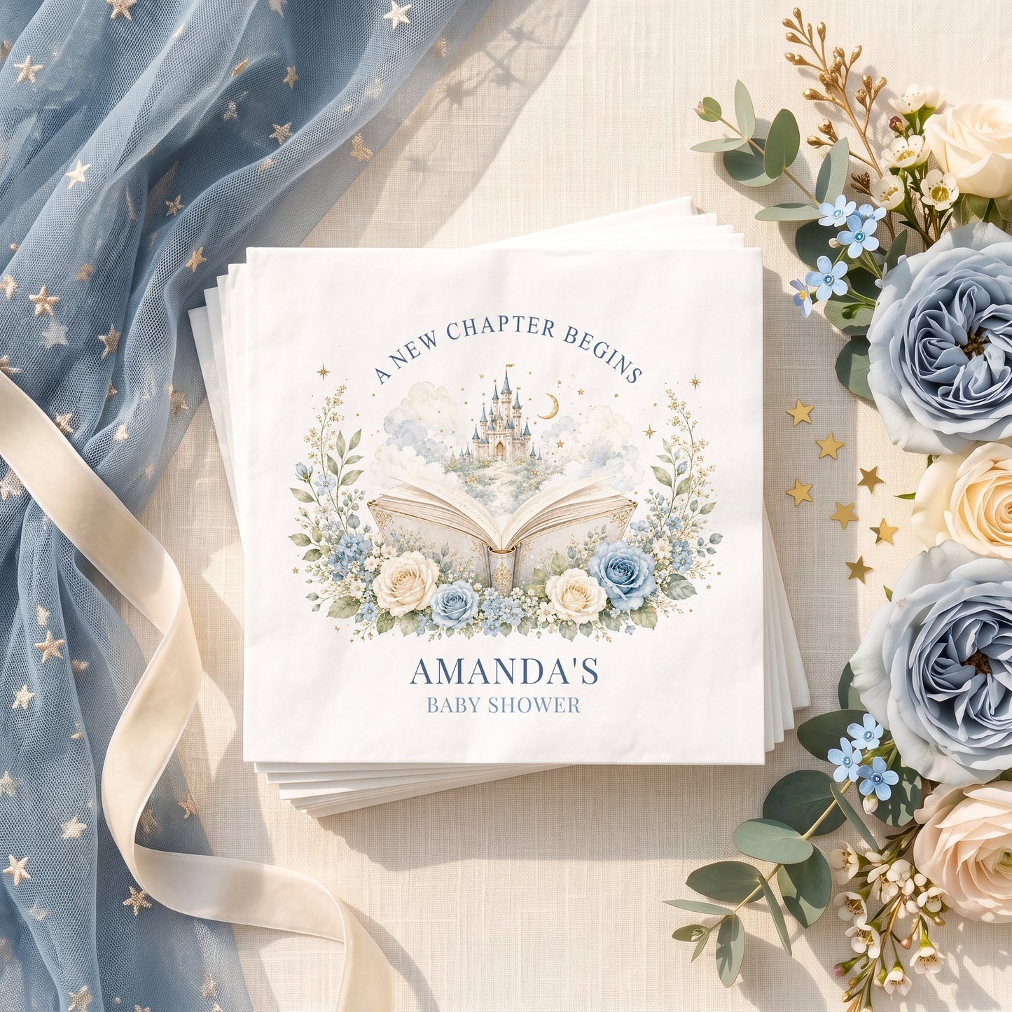 Dusty Blue Storybook Castle Baby Shower Napkins - Pretty Gifted