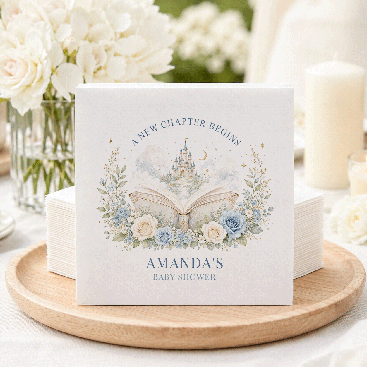 Dusty Blue Storybook Castle Baby Shower Napkins - Pretty Gifted