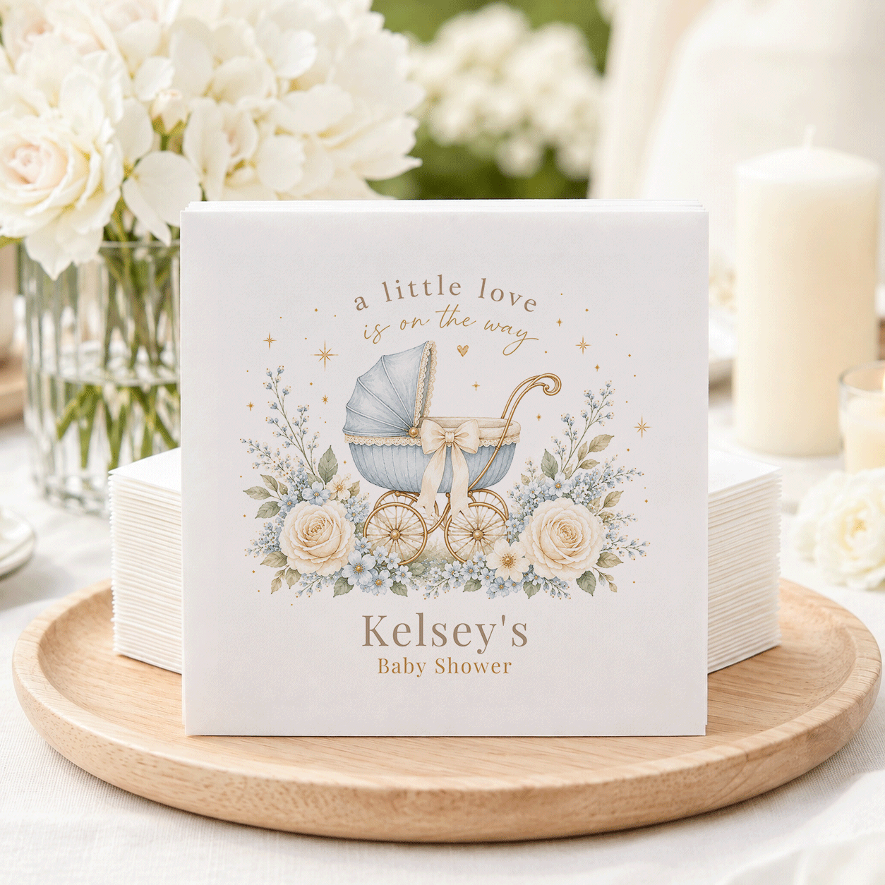 Dusty Blue Vintage Pram Baby Shower Napkins - Pretty Gifted