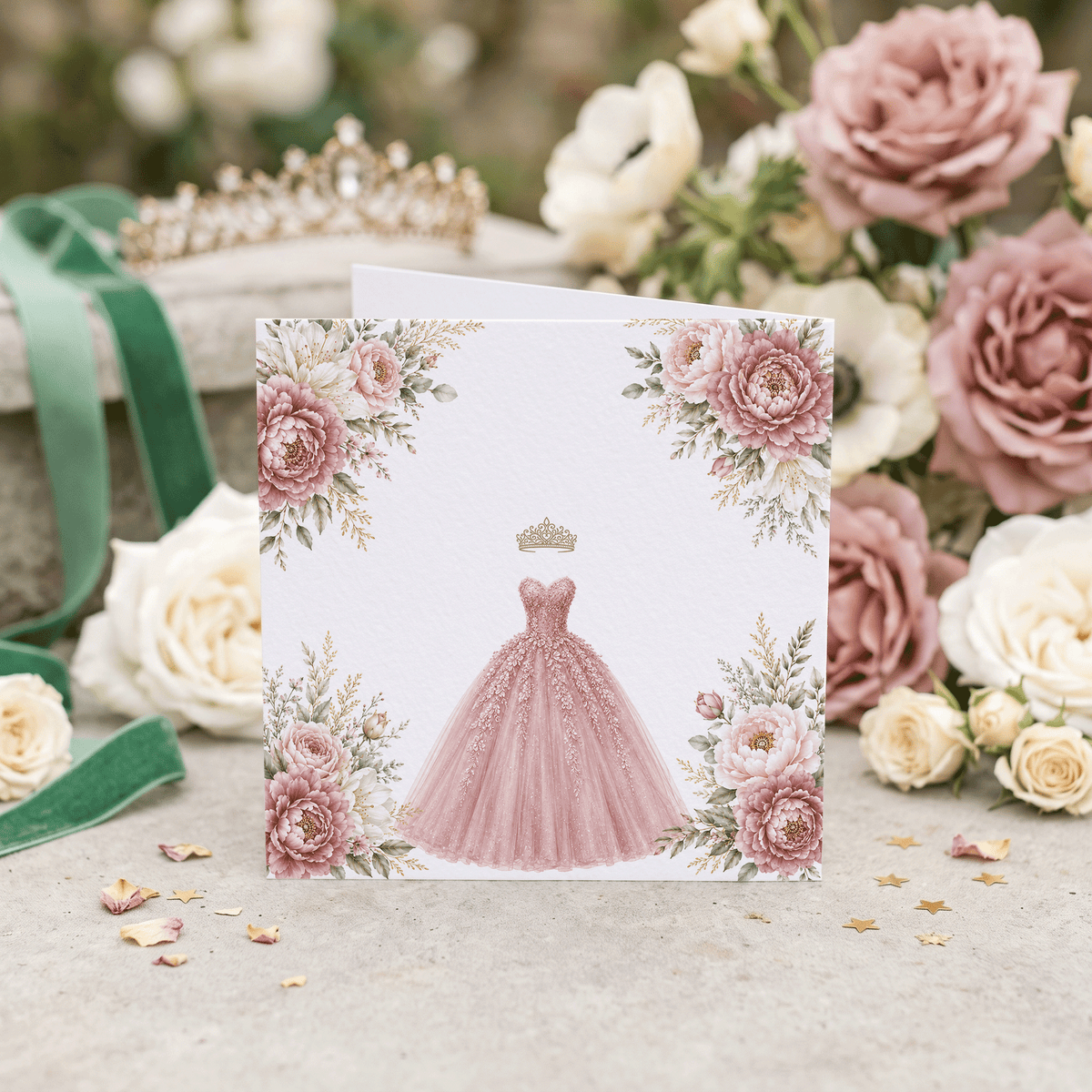 Dusty Rose Floral Ball Gown Quinceañera Card - Pretty Gifted