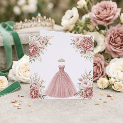 Dusty Rose Floral Ball Gown Quinceañera Card - Pretty Gifted