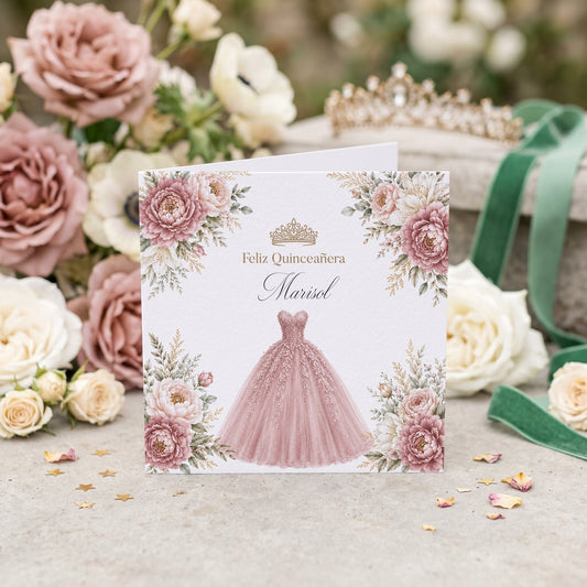 Dusty Rose Floral Ball Gown Quinceañera Card - Pretty Gifted