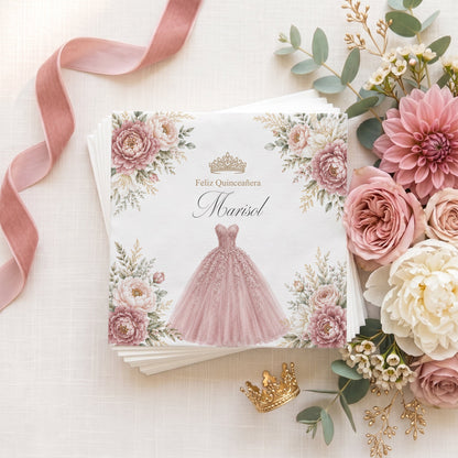 Dusty Rose Floral Quinceañera Napkins with Ball Gown - Pretty Gifted