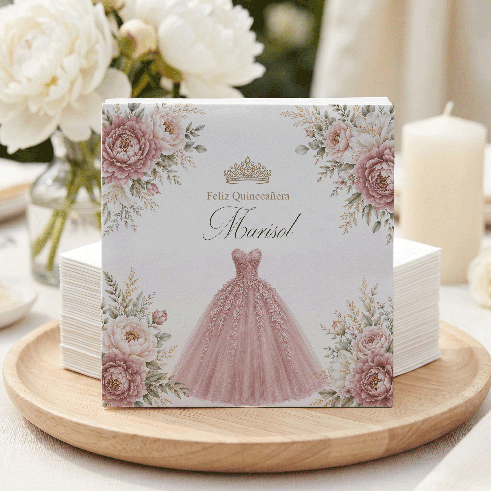 Dusty Rose Floral Quinceañera Napkins with Ball Gown - Pretty Gifted