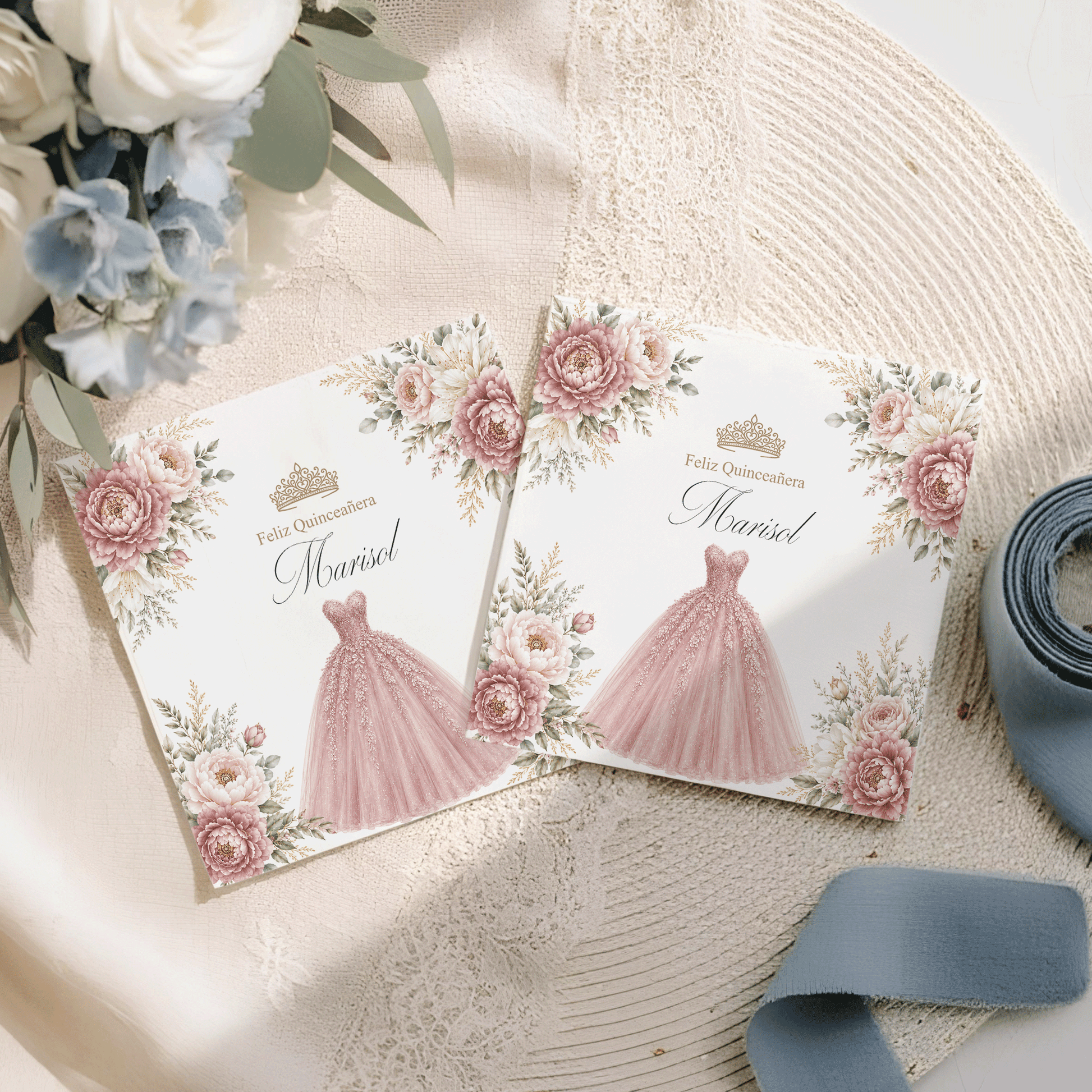 Dusty Rose Floral Quinceañera Napkins with Ball Gown - Pretty Gifted
