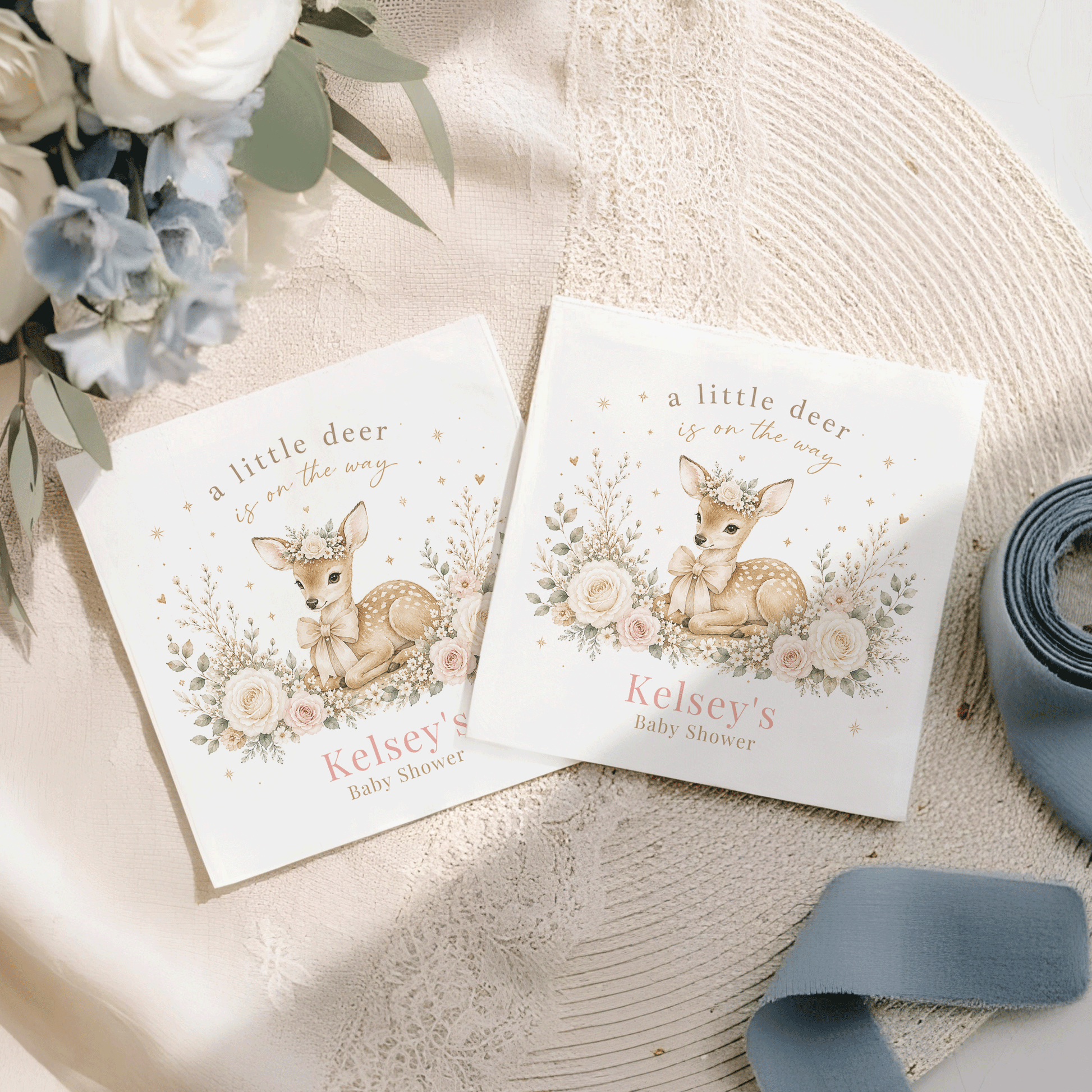 Two invitations with a deer graphic and text "A little deer is on the way".
