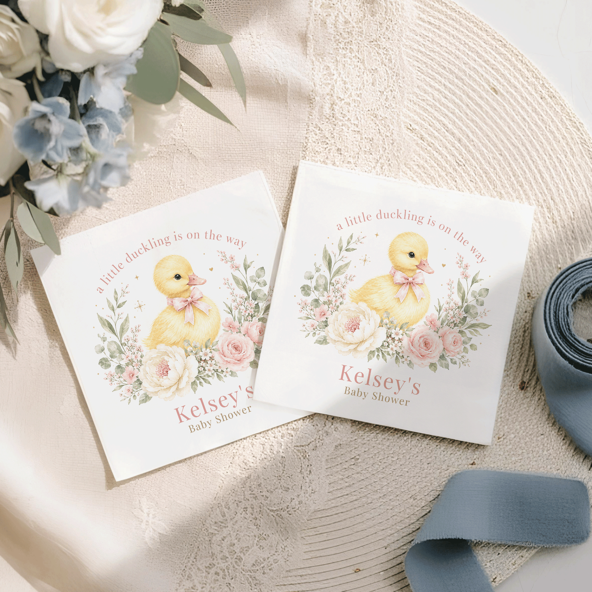 Two baby shower cards with a duckling design and "Kelsey's Baby Shower" text.