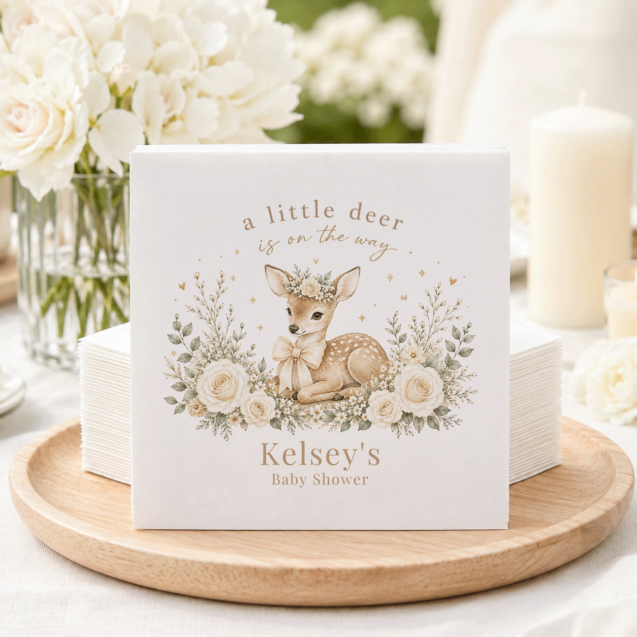 "A little deer is on the way" Kelsey's Baby Shower napkin.