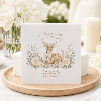 "A little deer is on the way" Kelsey's Baby Shower napkin.