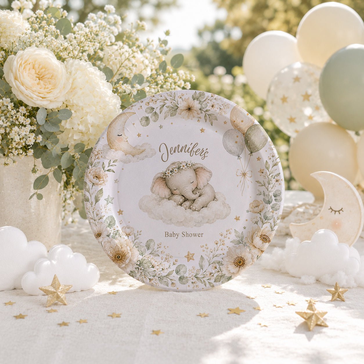 Elephant Baby Shower Plates, Personalized Neutral Botanical - Pretty Gifted