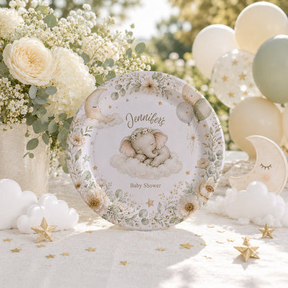 Elephant Baby Shower Plates, Personalized Neutral Botanical - Pretty Gifted