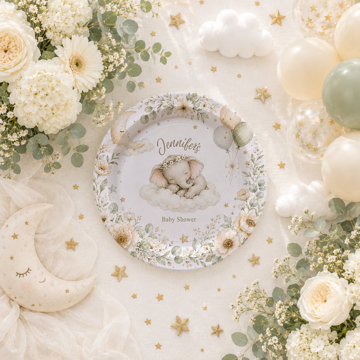 Elephant Baby Shower Plates, Personalized Neutral Botanical - Pretty Gifted