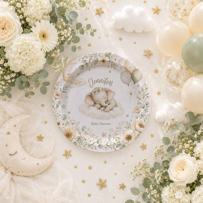 Elephant Baby Shower Plates, Personalized Neutral Botanical - Pretty Gifted