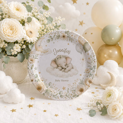 Elephant Baby Shower Plates, Personalized Neutral Botanical - Pretty Gifted