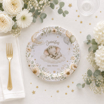 Elephant Baby Shower Plates, Personalized Neutral Botanical - Pretty Gifted