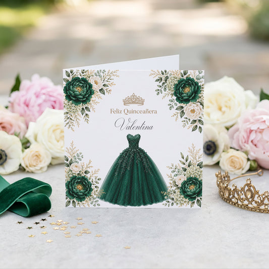 Emerald Green Floral Ball Gown Quinceañera Card - Pretty Gifted