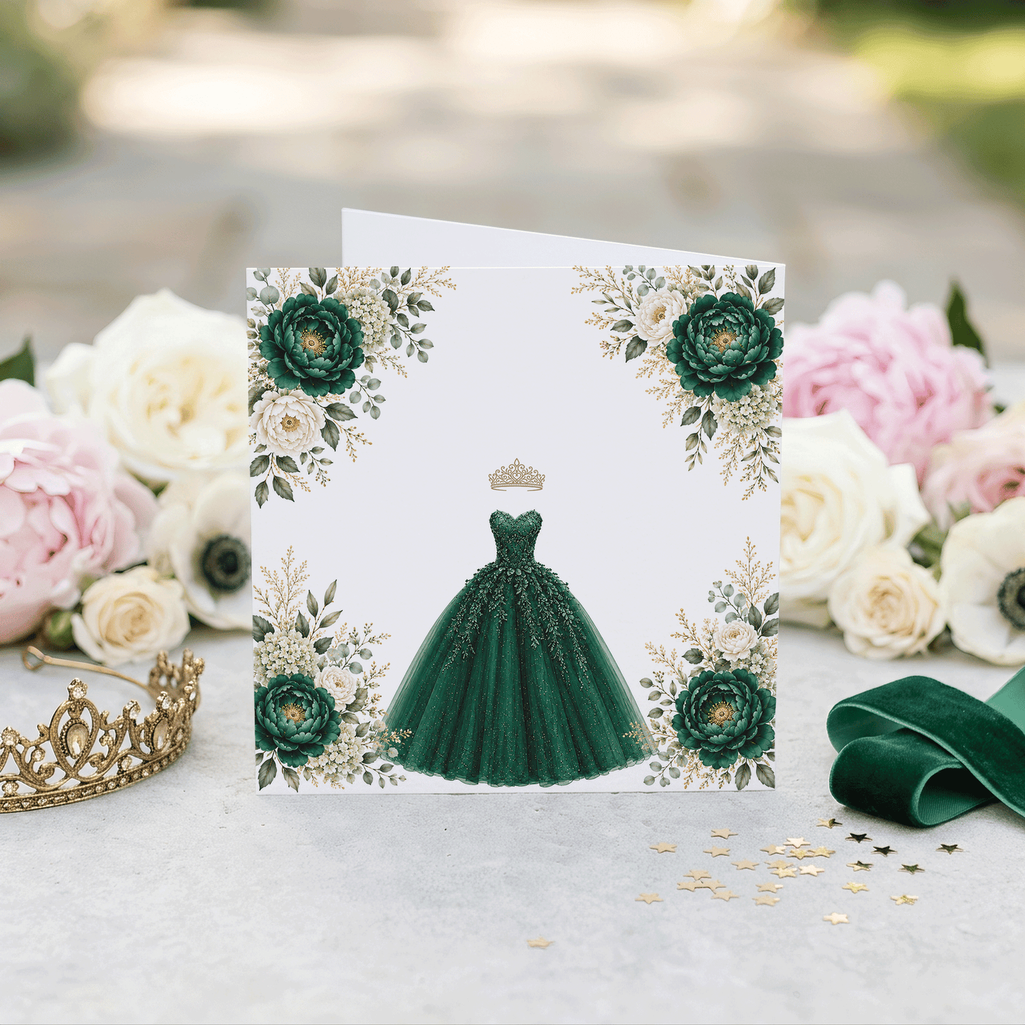 Emerald Green Floral Ball Gown Quinceañera Card - Pretty Gifted