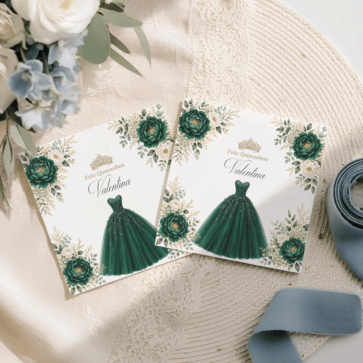 Emerald Green Floral Quinceañera Napkins with Ball Gown - Pretty Gifted