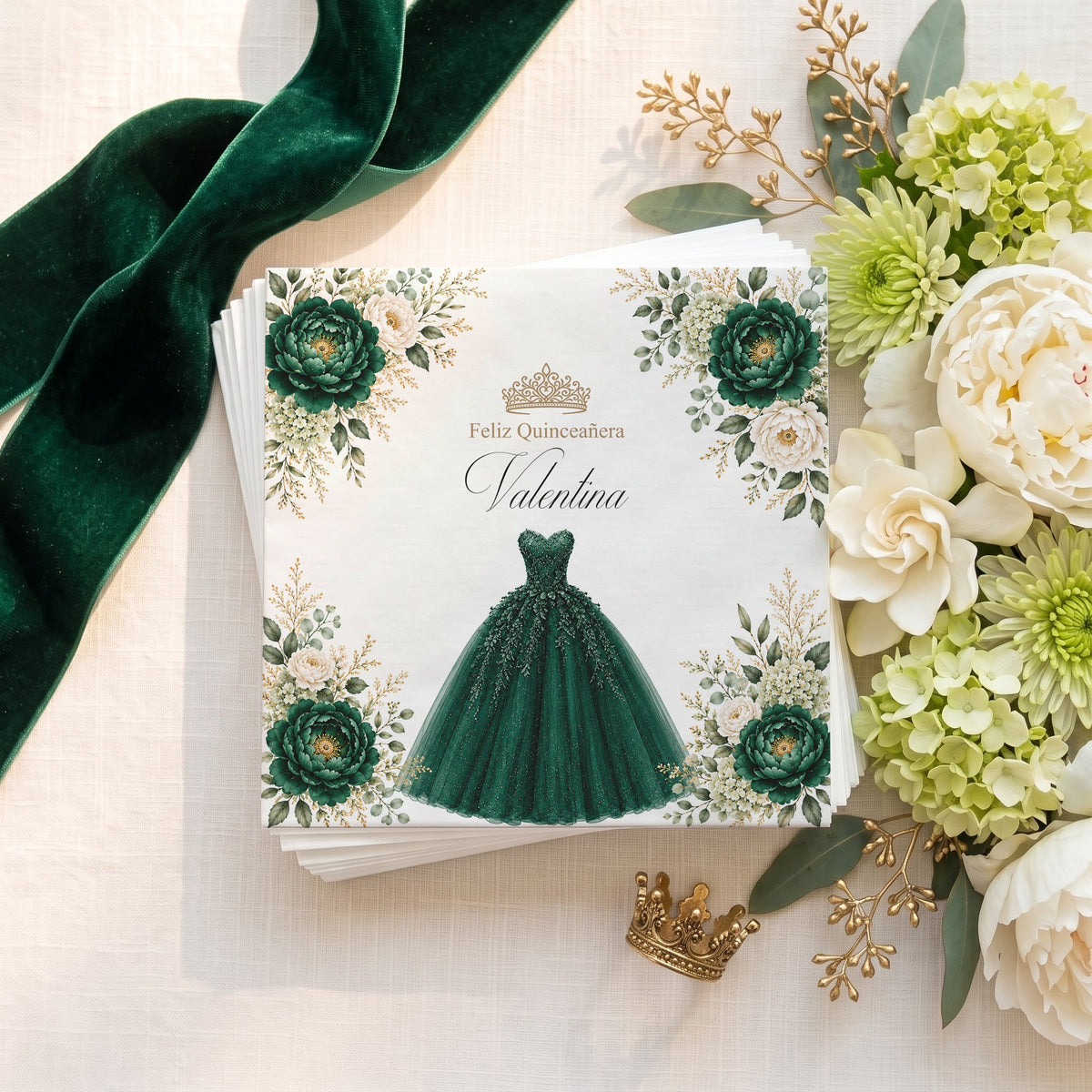 Emerald Green Floral Quinceañera Napkins with Ball Gown - Pretty Gifted
