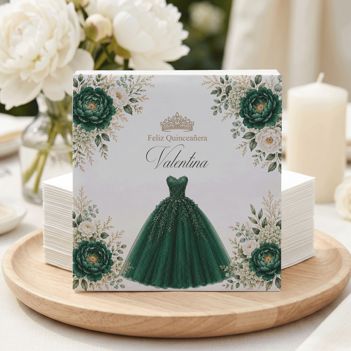 Emerald Green Floral Quinceañera Napkins with Ball Gown - Pretty Gifted