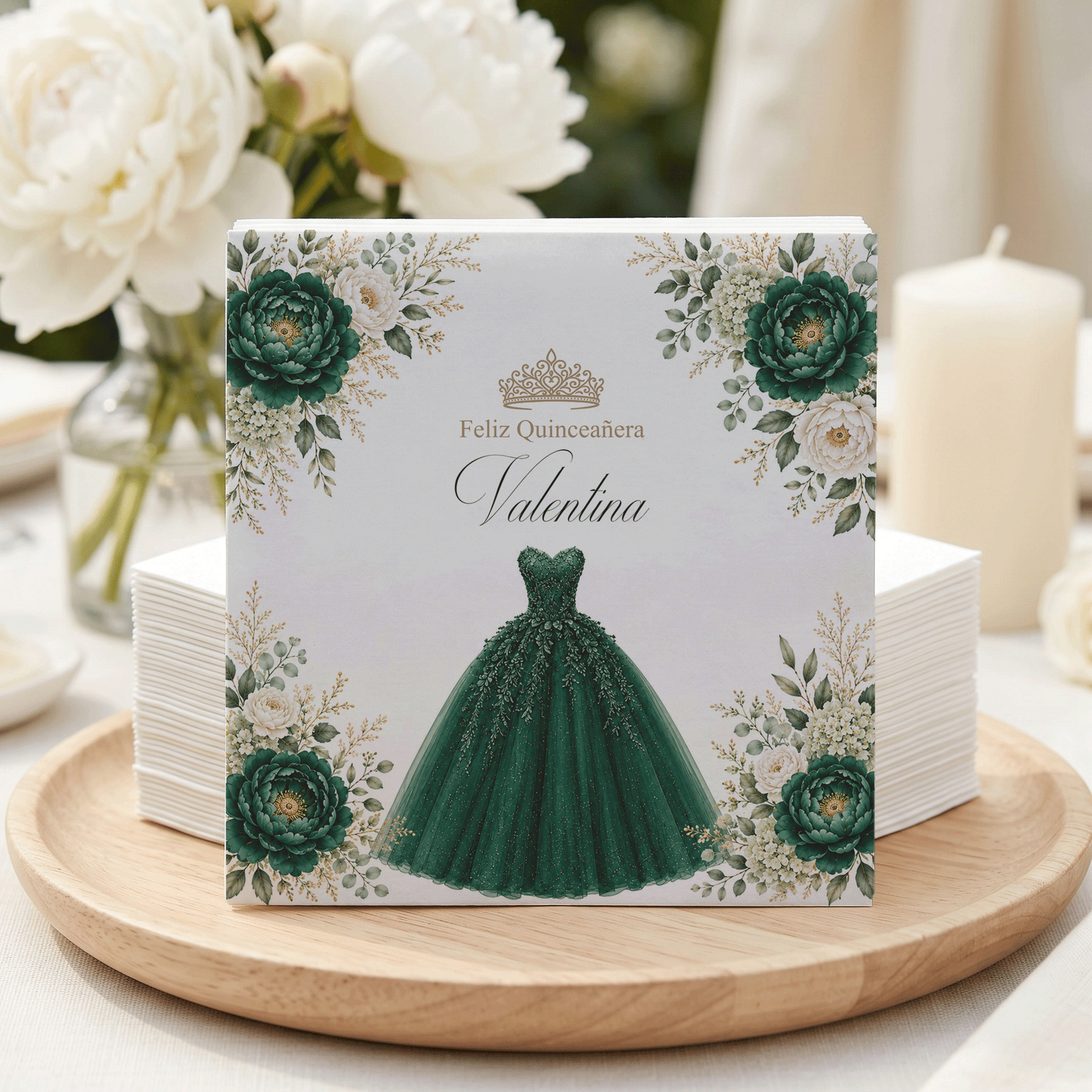Emerald Green Floral Quinceañera Napkins with Ball Gown - Pretty Gifted