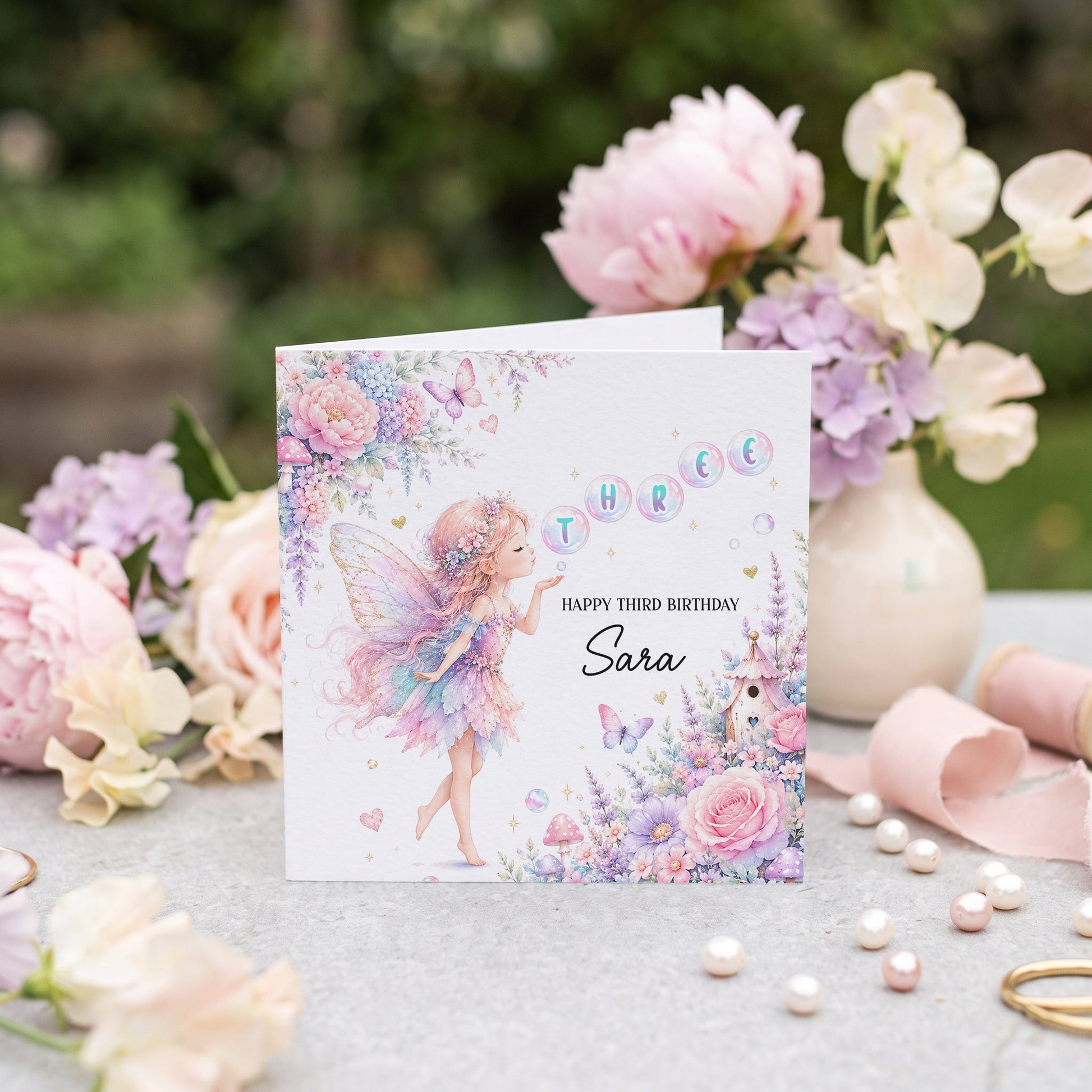 Enchanted Fairy 3rd Birthday Card, Personalized Girls - Pretty Gifted