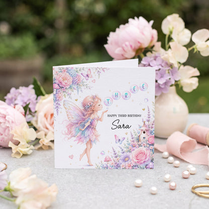 Enchanted Fairy 3rd Birthday Card, Personalized Girls - Pretty Gifted