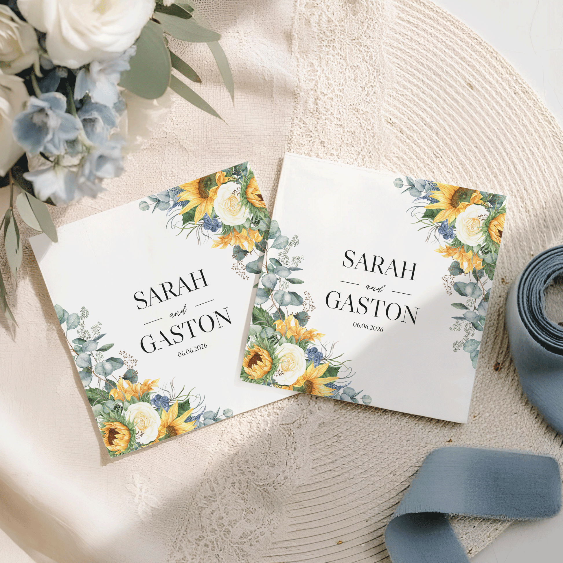 Two wedding invitations with floral borders: "SARAH and GASTON 06.06.2026".