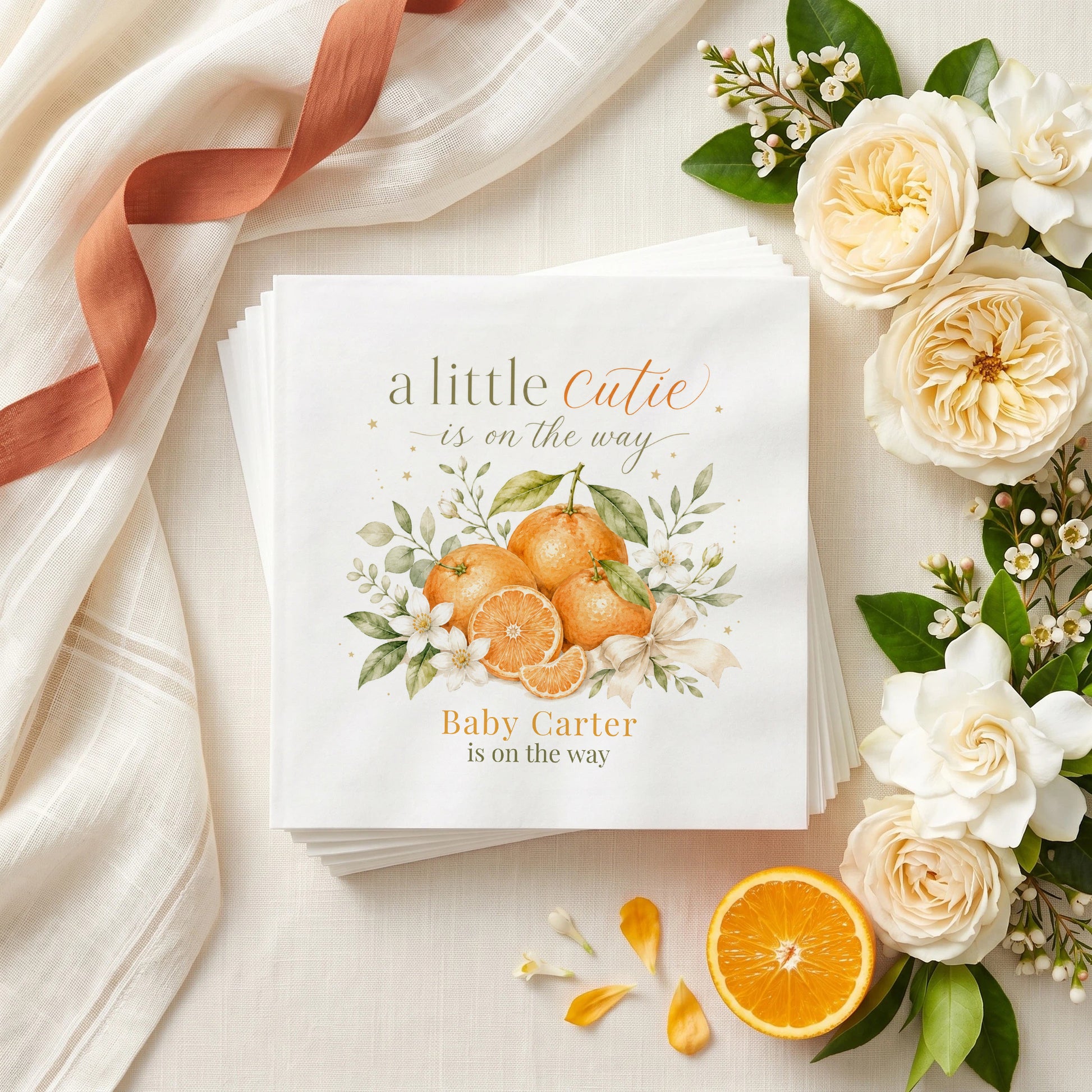 Cream and orange citrus baby shower napkin with clementines, orange blossom, ivory bow and personalized wording