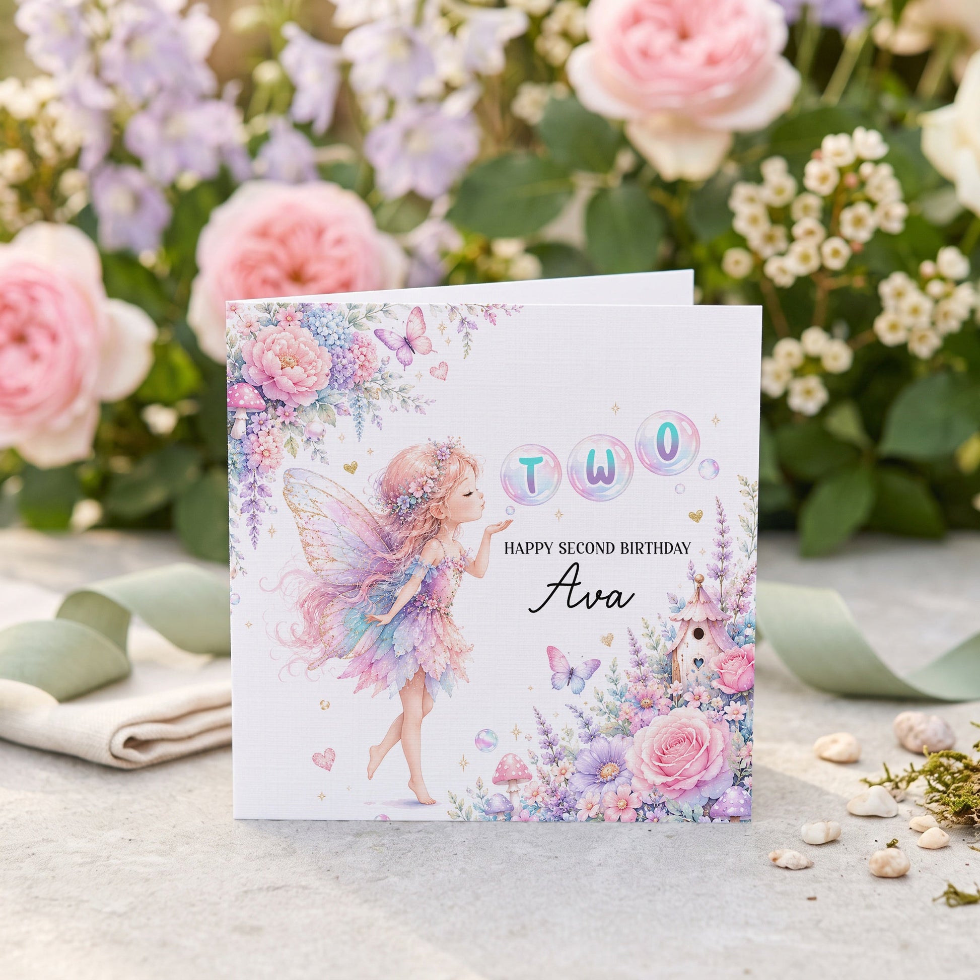 Fairy Garden 2nd Birthday Card, Personalized for Girls - Pretty Gifted