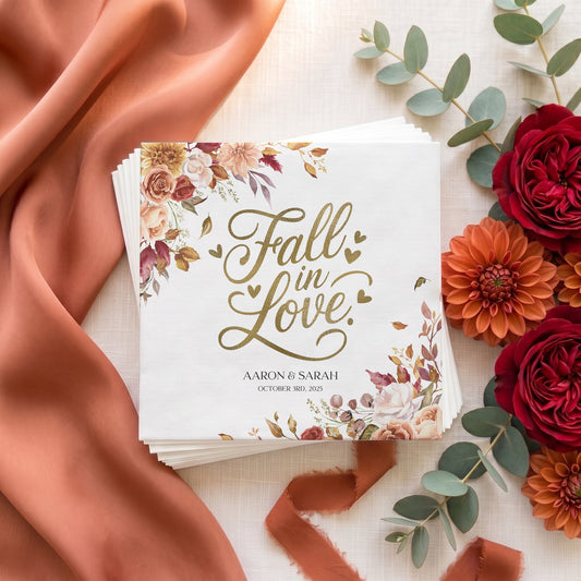 Fall in Love Wedding Napkins, Personalized Autumn Wedding - Pretty Gifted