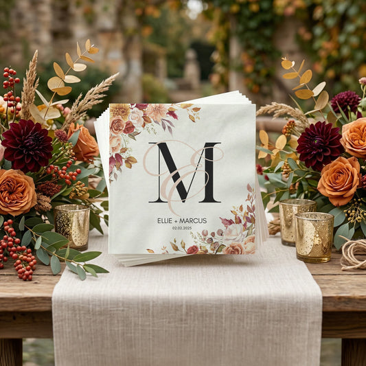 Fall Wedding Napkins, Autumn Floral Monogram Personalized - Pretty Gifted
