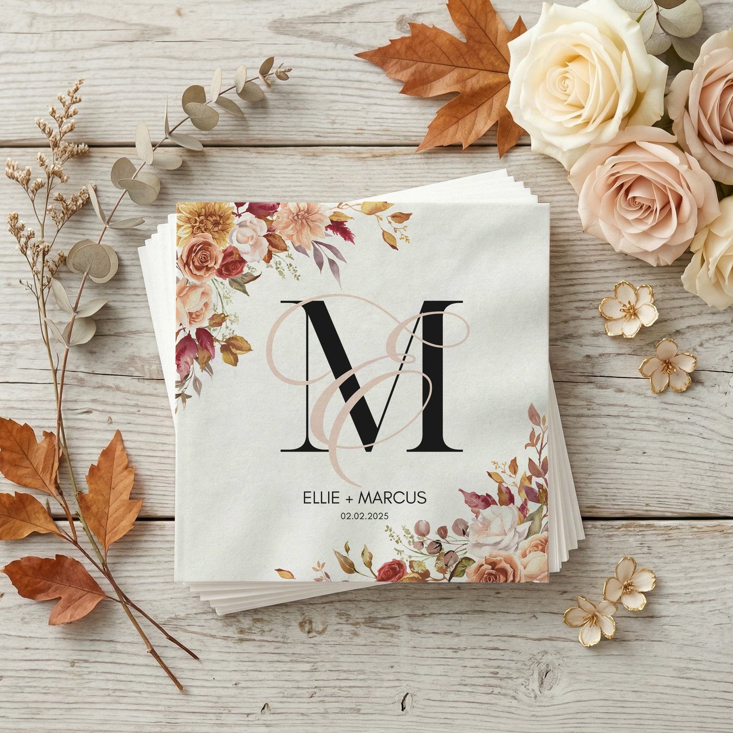 Fall Wedding Napkins, Autumn Floral Monogram Personalized - Pretty Gifted