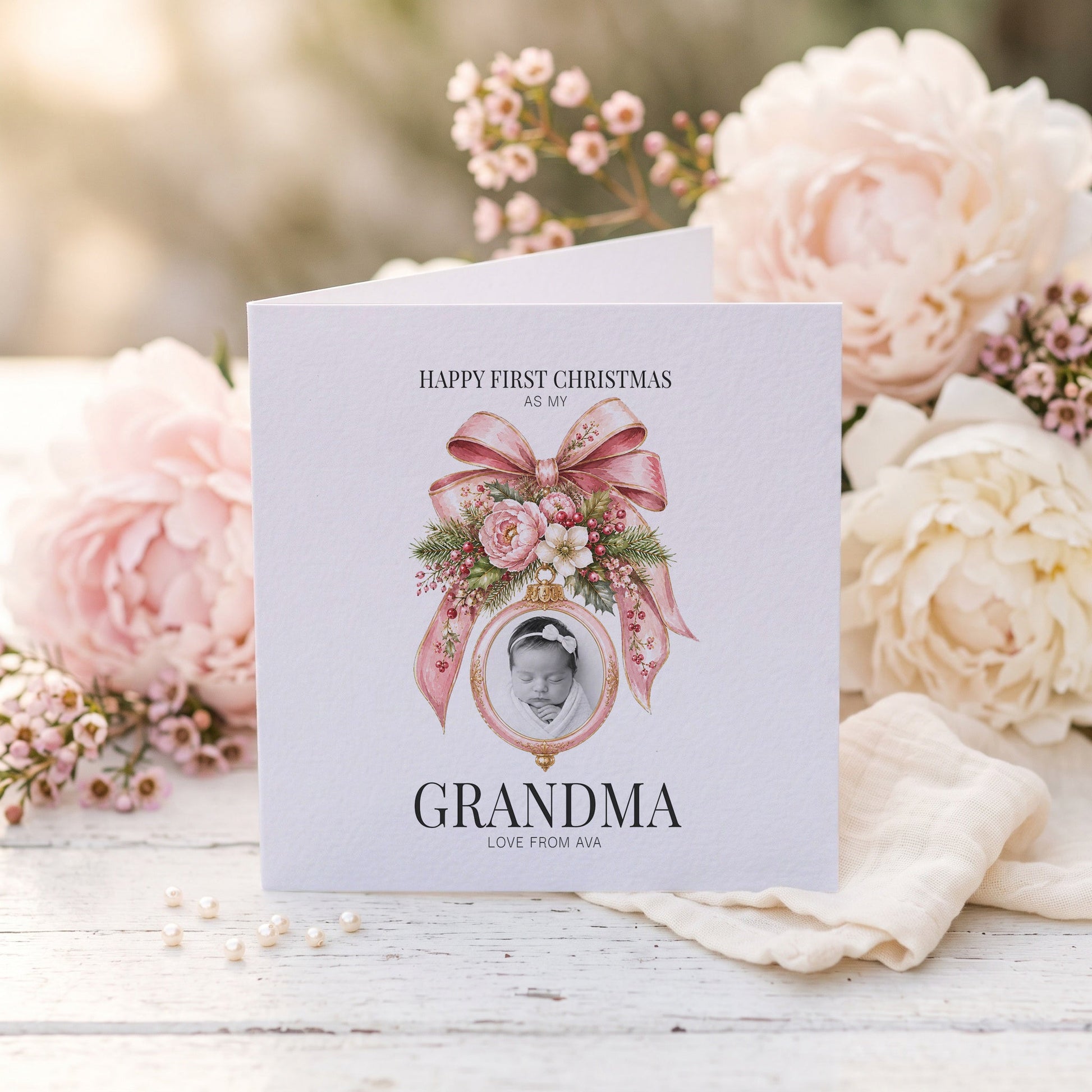 First Christmas as a Grandma Card | Personalized New Baby Girl Photo Gift - Pretty Gifted