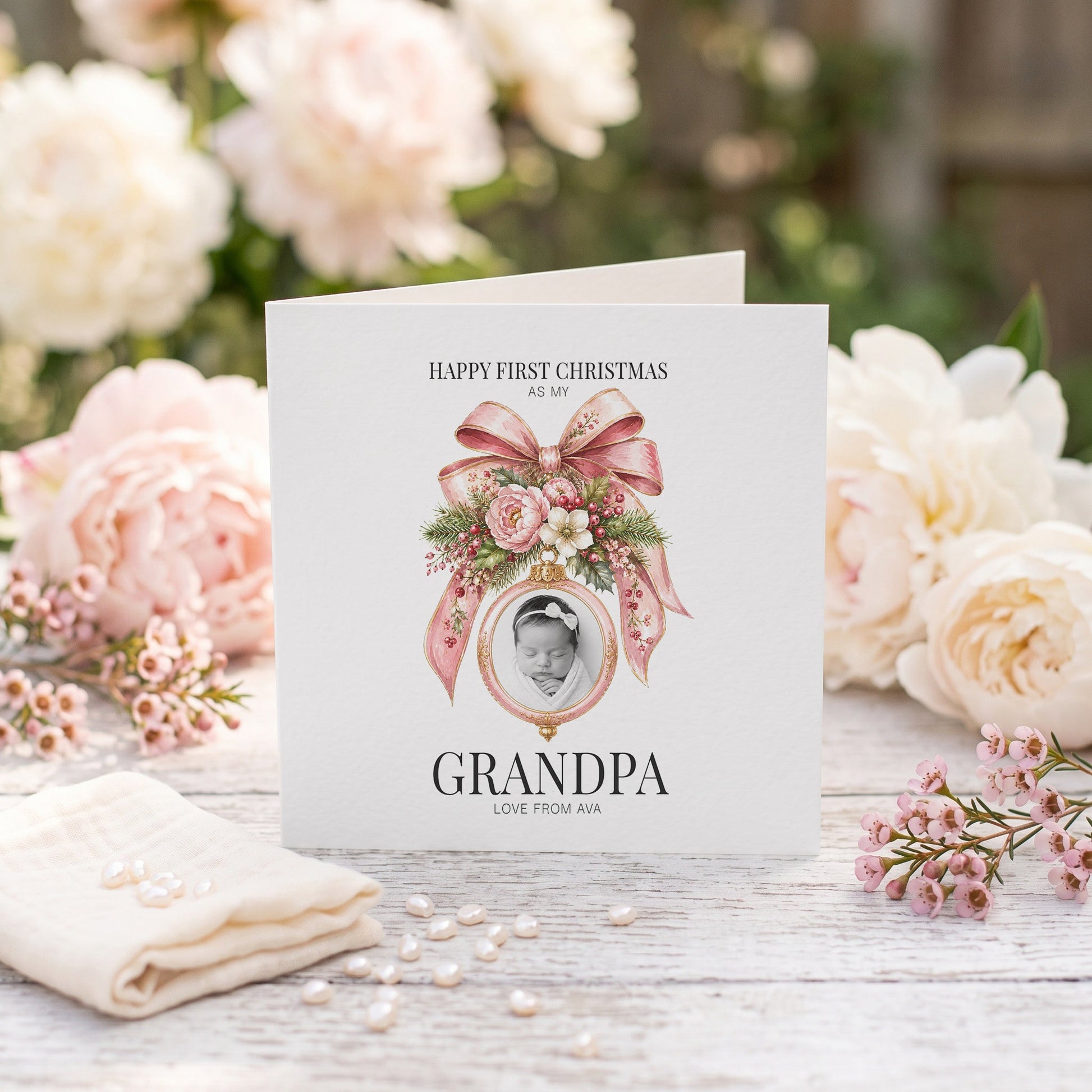 First Christmas as a Grandpa Card | Baby Girl Personalized Photo Keepsake - Pretty Gifted