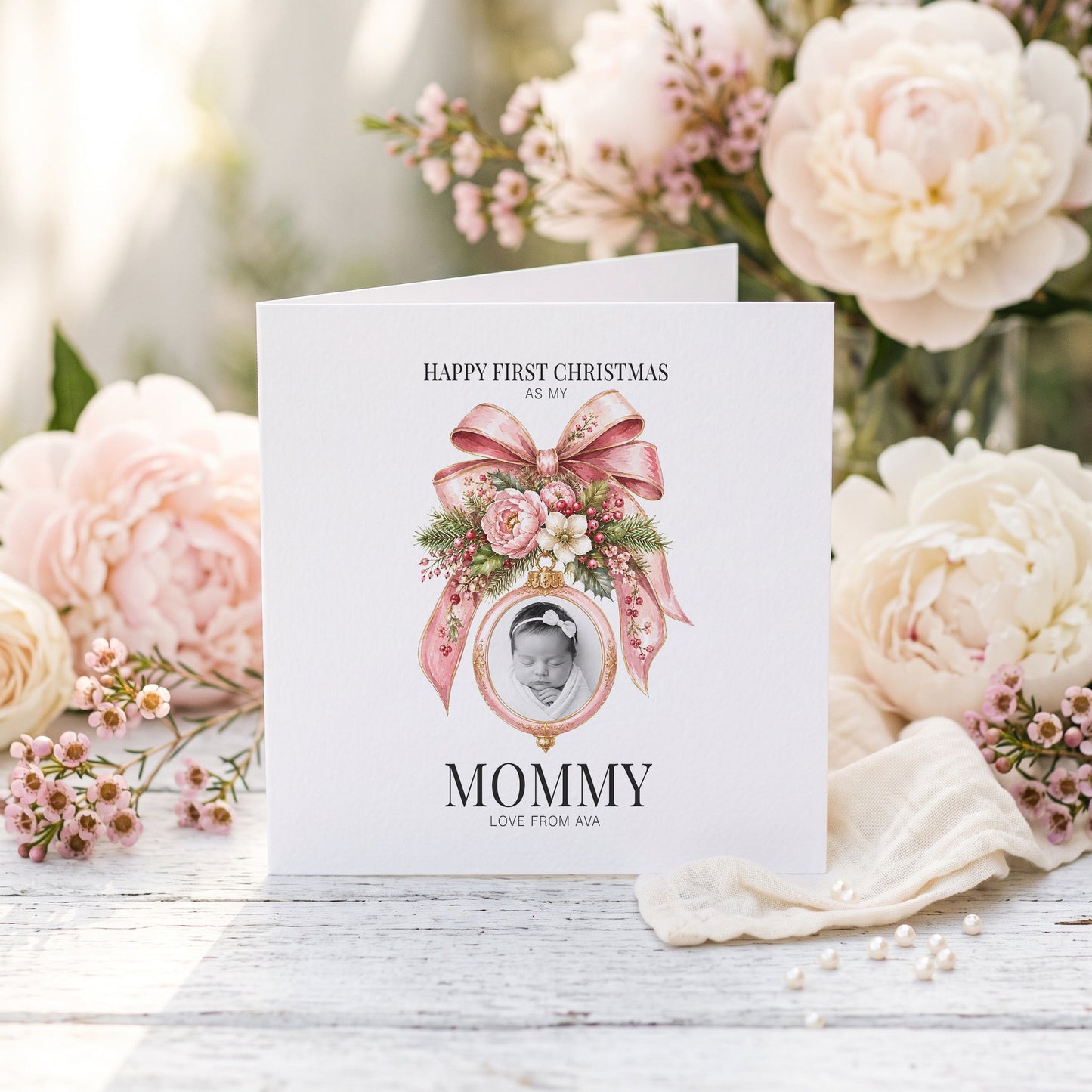 First Christmas as a Mommy Card | Personalized Baby Girl Photo Keepsake - Pretty Gifted