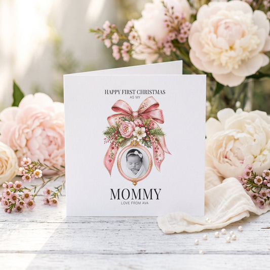 First Christmas as a Mommy Card | Personalized Baby Girl Photo Keepsake - Pretty Gifted