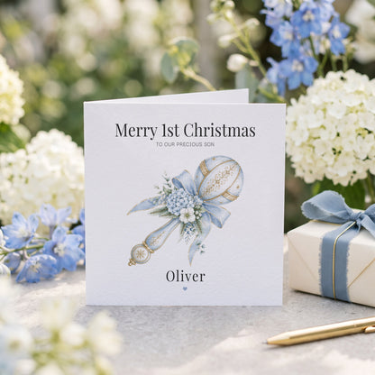 First Christmas Baby Boy Card | Personalized Son Blue Keepsake - Pretty Gifted