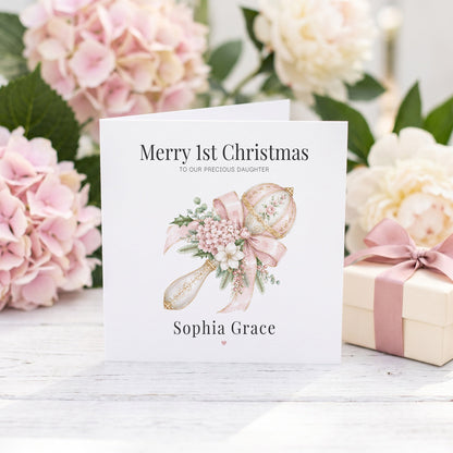 First Christmas Baby Girl Card | Personalized Daughter Pink Keepsake - Pretty Gifted