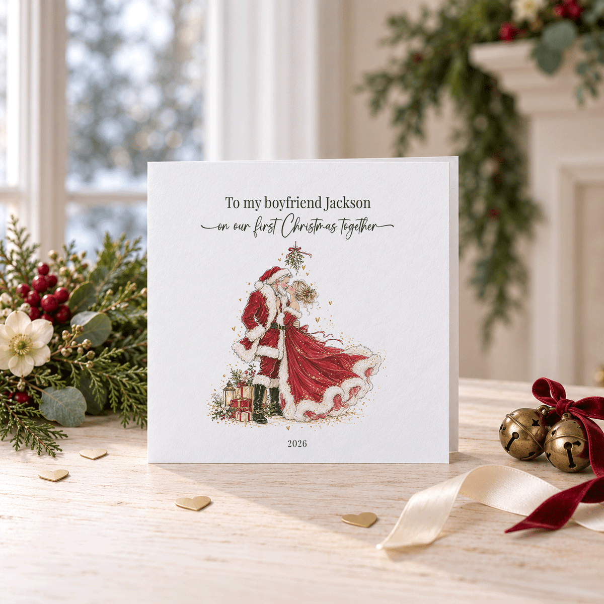 First Christmas Together Card for Boyfriend, Mistletoe Kiss - Pretty Gifted