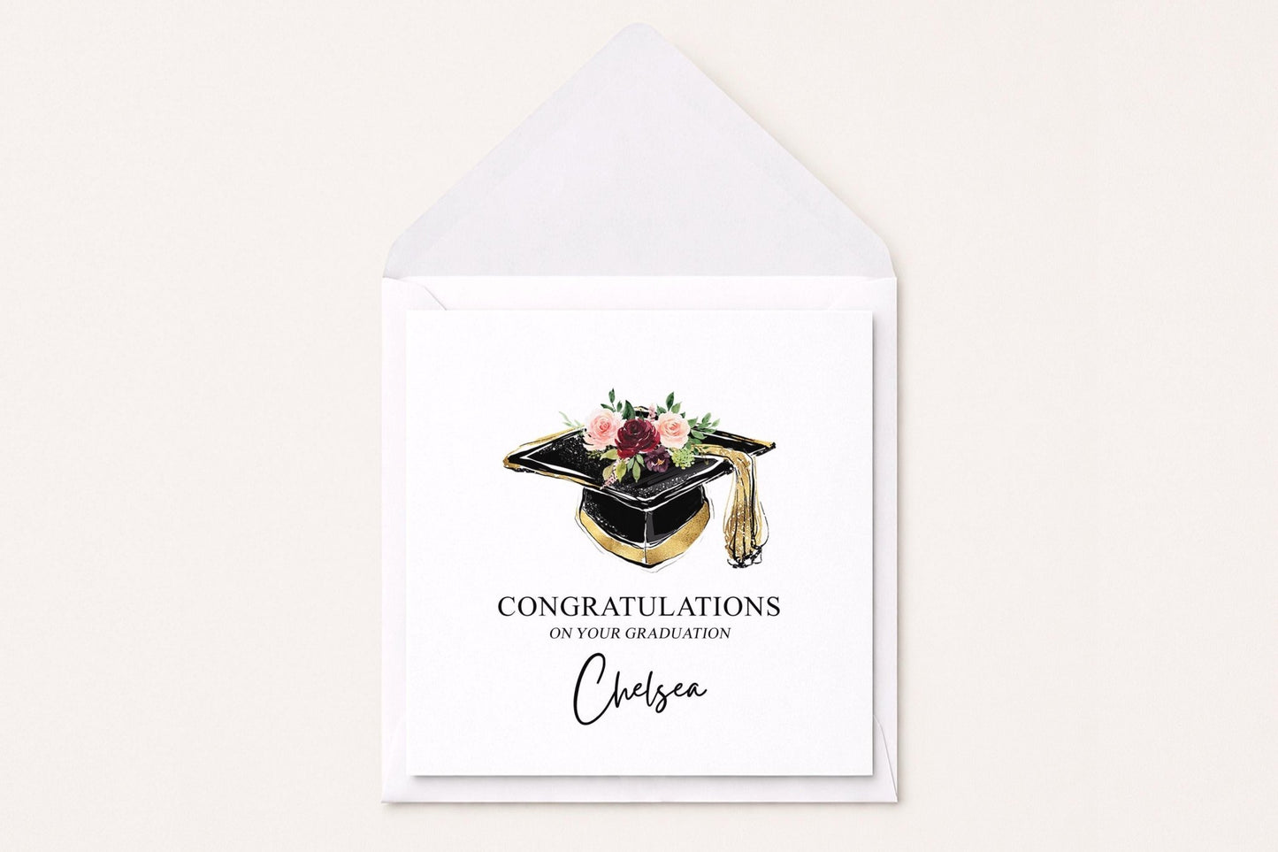 Floral Graduation Card Personalized, Mortarboard Blush Rose Gift - Pretty Gifted