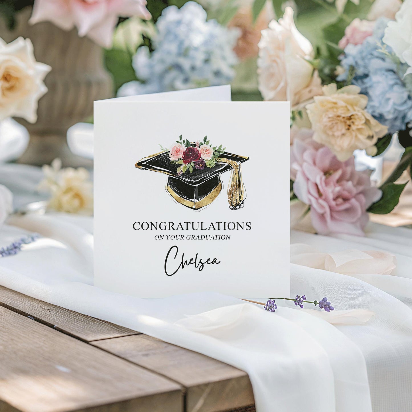 Floral Graduation Card Personalized, Mortarboard Blush Rose Gift - Pretty Gifted