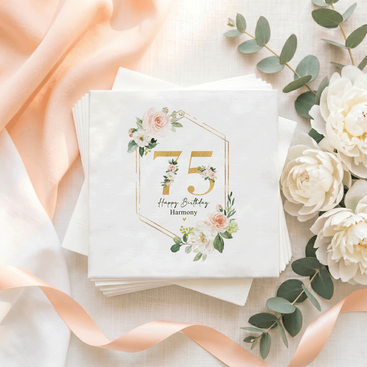 Floral Hexagon 75th Birthday Napkins, Gold Frame, Personalized - Pretty Gifted