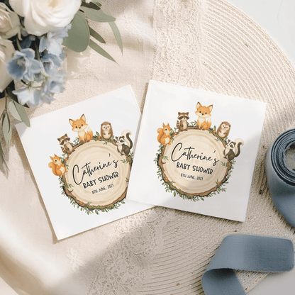 Forest Friends Baby Shower Napkins, Personalized Animals - Pretty Gifted