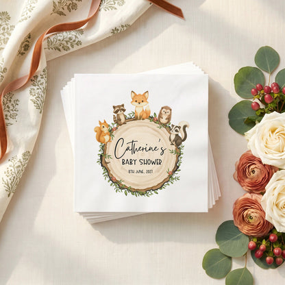 Forest Friends Baby Shower Napkins, Personalized Animals - Pretty Gifted