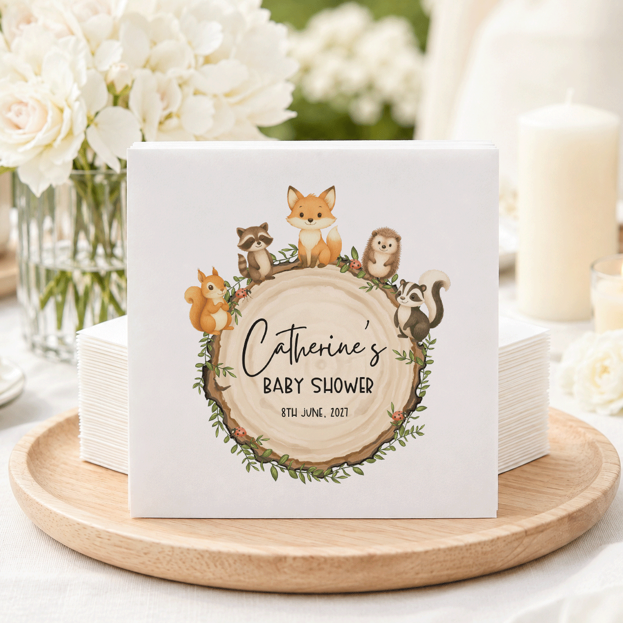 Forest Friends Baby Shower Napkins, Personalized Animals - Pretty Gifted