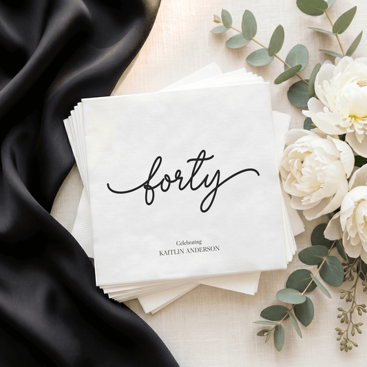 Forty Birthday Napkins, Black Script, Personalized - Pretty Gifted