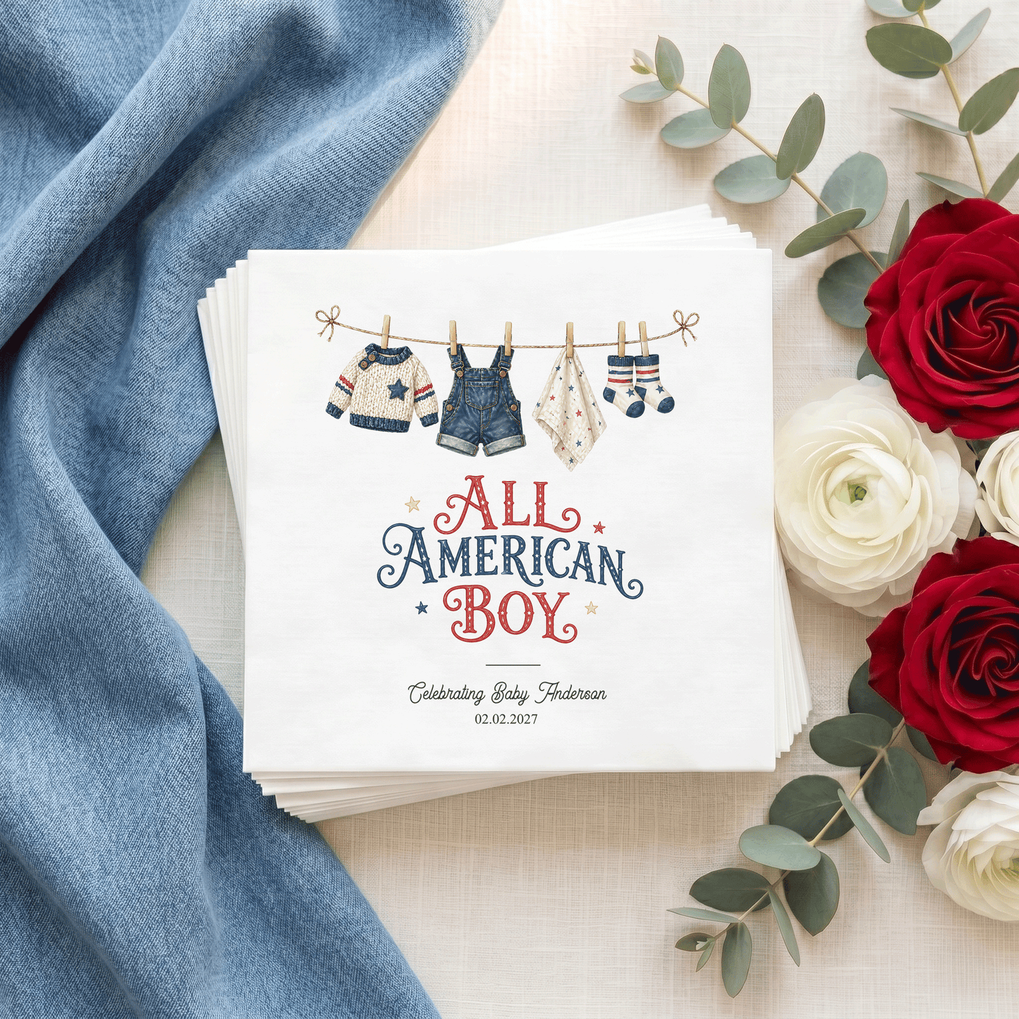 Fourth of July Baby Boy Shower Napkins, Patriotic Clothesline - Pretty Gifted