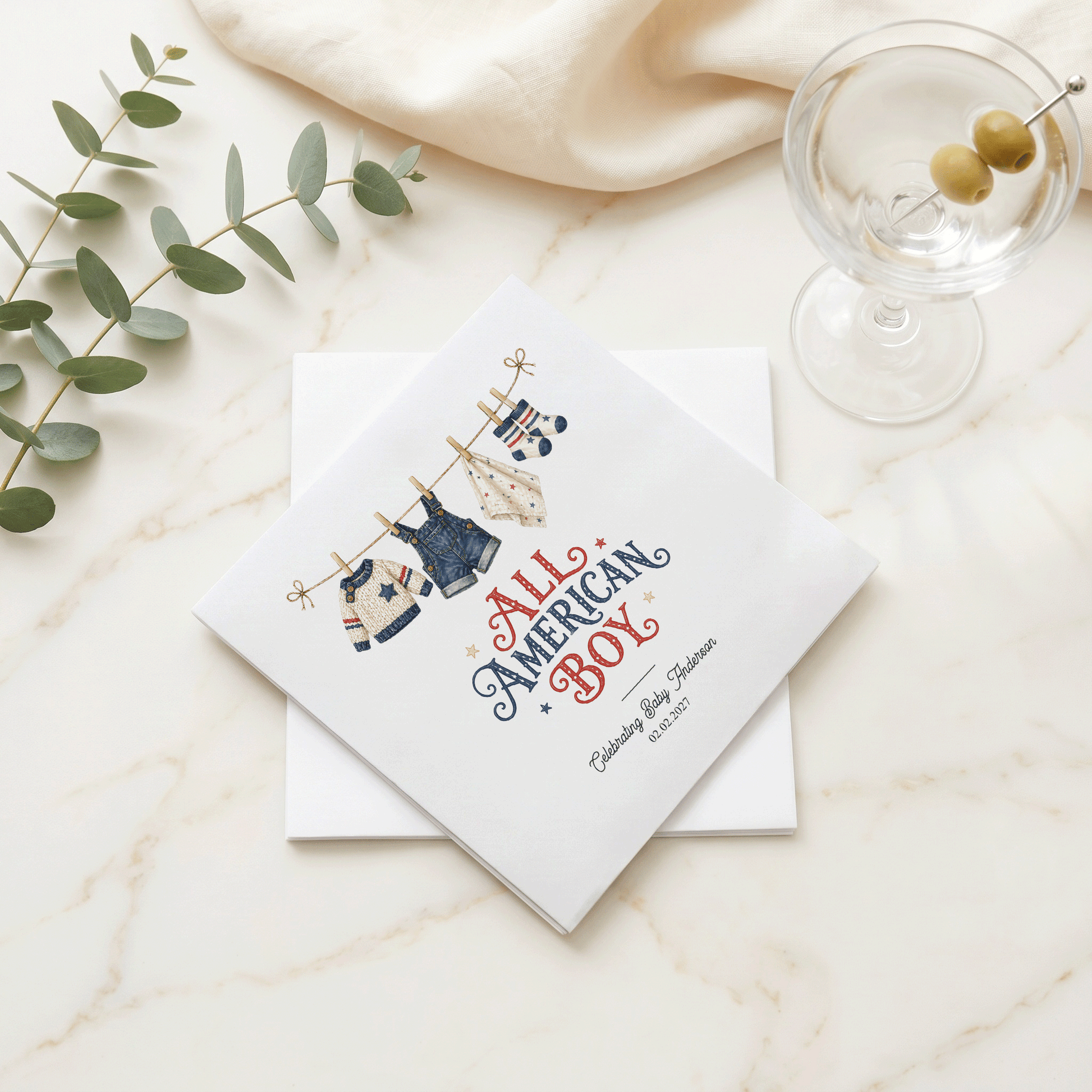 Fourth of July Baby Boy Shower Napkins, Patriotic Clothesline - Pretty Gifted