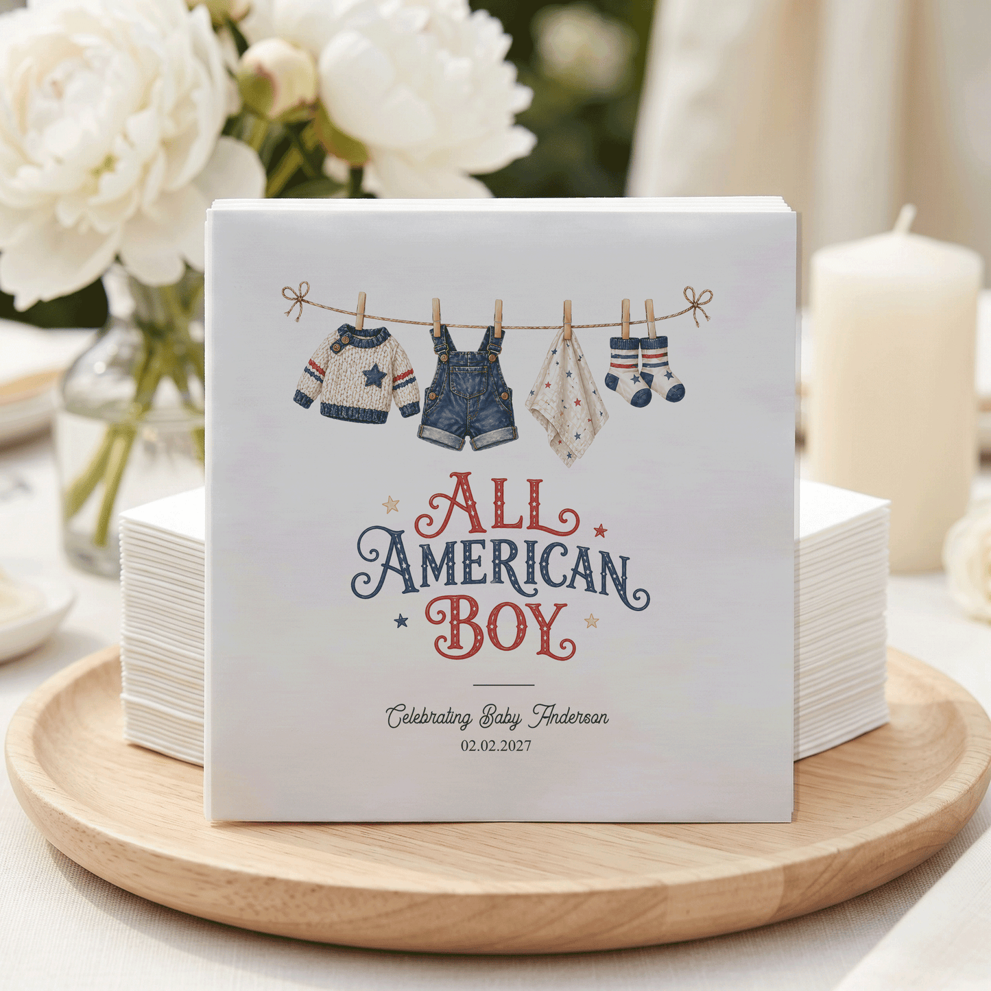 Fourth of July Baby Boy Shower Napkins, Patriotic Clothesline - Pretty Gifted